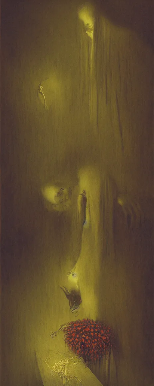 Image similar to death tending to a beautiful dried flower in a dark room, zdzislaw beksinski, arthur rachham, stephen gamell, 8 k, artstation, interior