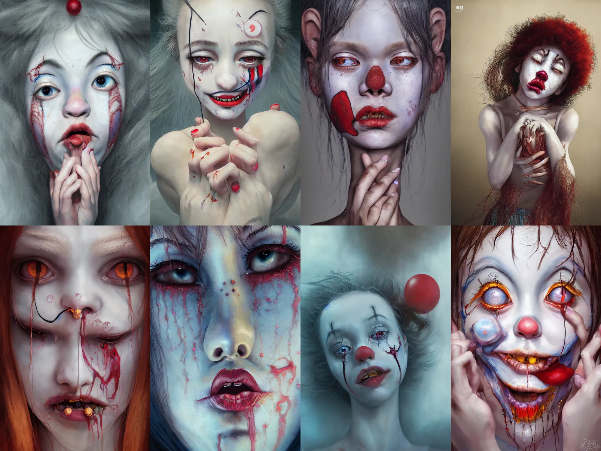 Prompt: breathtaking detailed painting of clown girl crying, piercing eyes, james jean, miho hirano, extremely moody lighting, hyperrealistic, octane render, ambient light, dynamic lighting