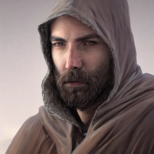 Prompt: epic portrait an hooded man with a beard and serious face, digital painting, artstation, concept art, soft light, hdri, smooth, sharp focus, illustration, fantasy, intricate, elegant, highly detailed, D&D, matte painting, in the style of Greg Rutkowski and Alphonse Mucha and artemisia, 8k, highly detailed, jurgens, rutkowski, bouguereau, pastoral, rustic, georgic, detailed concept art, illustration, colorful pastel, painting, detail, ultra detailed, digital art, 4K,