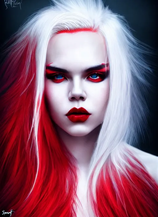 Prompt: photo of kerli koiv with red and white half dye in the style of stefan kostic, realistic, half body shot, sharp focus, 8 k high definition, insanely detailed, intricate, elegant, art by stanley lau and artgerm, foggy backgeound