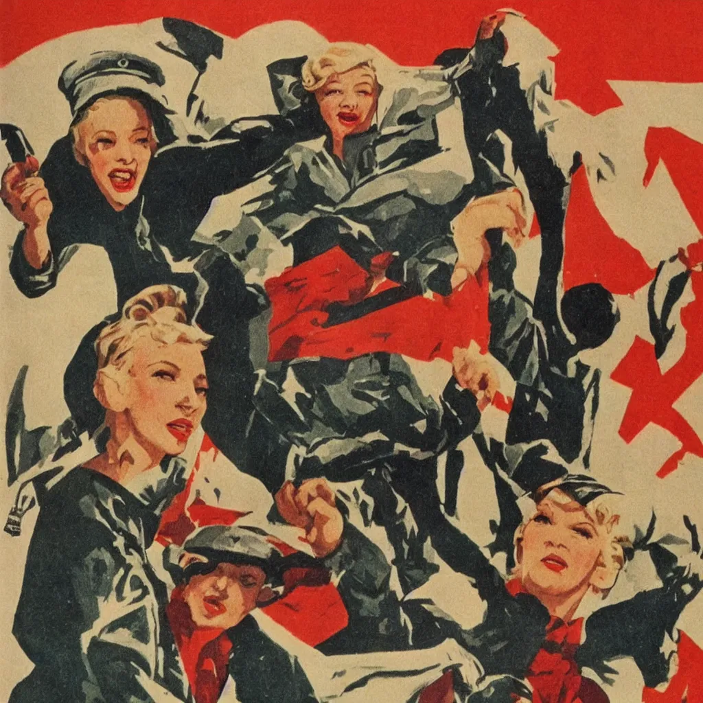 Image similar to soviet propaganda poster with cate blanchett calling on the world community to fight against Nazism, Ultra Detailed, soviet realism