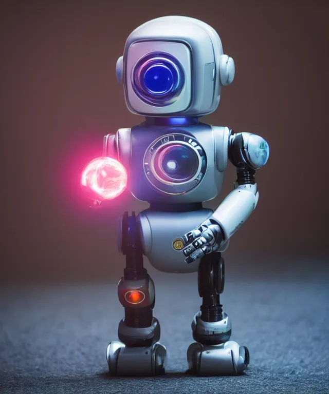 Image similar to high quality presentation photo of a retro toy robot with glowing eyes, photography 4k f1.8 anamorphic bokeh 4k Canon Nikon