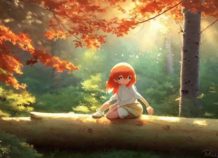 Prompt: a small, cute and chubby mushroom creature, she's sitting on a log in an aspen forest, atmospheric lighting, sun rays through the trees, by makoto shinkai and krenz cushart