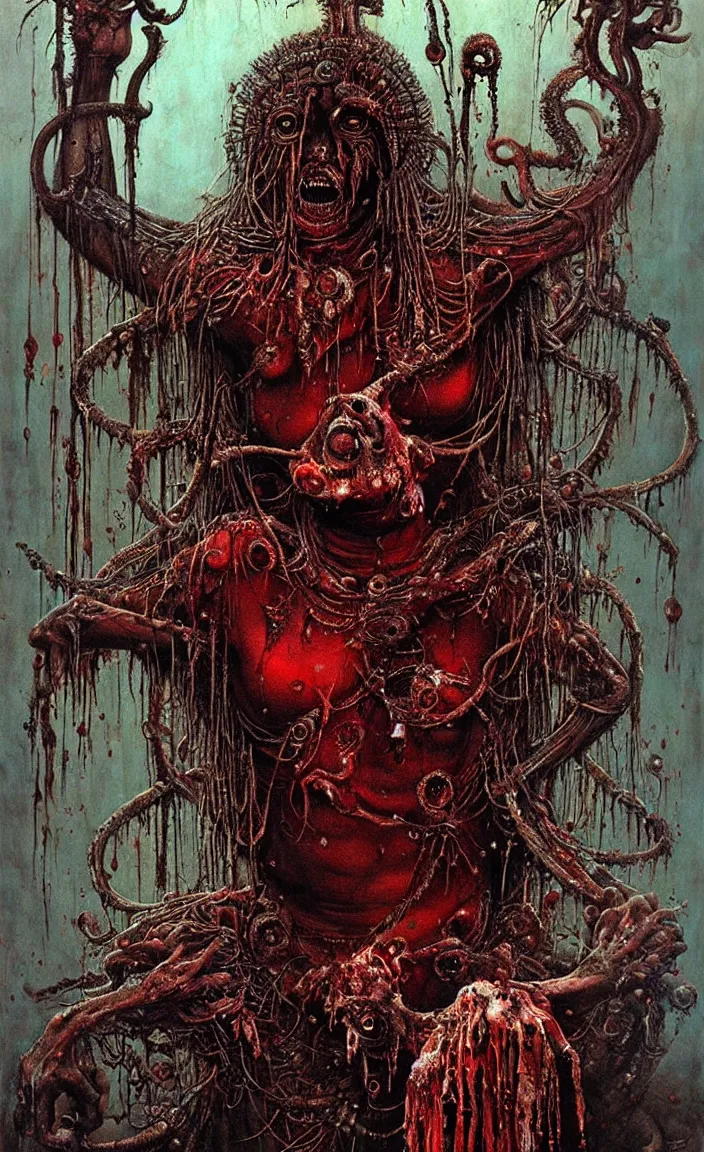 Prompt: Shiva is dancing. Drops of blood, meat. Dark colors, high detail, hyperrealism, horror art, intricate details, masterpiece, biopunk, body-horror, art by Greg Broadmore, Esao Andrews, Beksinski, Giger