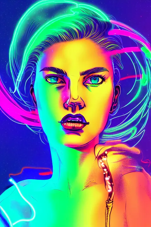 Image similar to a award winning half body portrait of a beautiful woman with stunning eyes in a croptop and cargo pants with smoking hair in rainbow colors, outlined by whirling illuminated neon lines, outrun, vaporware, shaded flat illustration, digital art, trending on artstation, highly detailed, fine detail, intricate