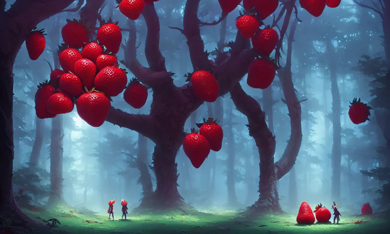 Image similar to Dark forest large strawberries, behance hd by Jesper Ejsing, by RHADS, Makoto Shinkai and Lois van baarle, ilya kuvshinov, rossdraws global illumination