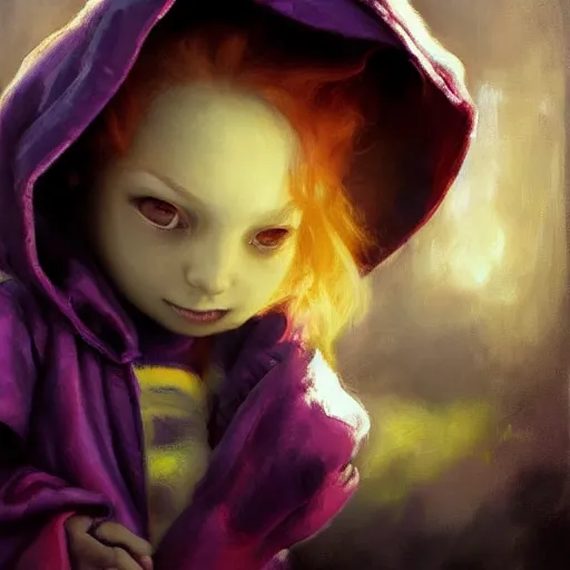 Prompt: Little nightmares, purple raincoat, fiery eyes, cuddling her gremlings as in the movie, painted by raymond swanland