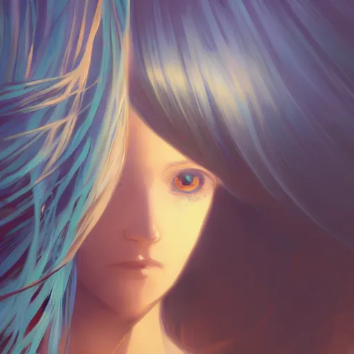 Prompt: ilya kuvshinov with long sky blue hair, gold eyes, boyish face, professional digital painting, concept art, ultra sharp, 8 k, cinematic, wlop, bubbles, tendrils in the background, art by greg rutkowski, pixiv art, art nouveau, yoshitaka amano