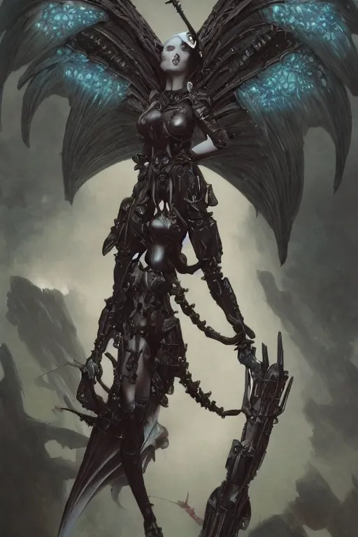 Prompt: Beautiful pale warhammer 40000 goth girl with mechanical wings, dark fantasy, digital illustration, intricate, highly detailed, smooth, artstation, painted by Wayne Barlowe and Greg Rutkowski and zdislav beksinski and Ruan Jia and Mandy Jurgens and Artgerm and william-adolphe bouguereau