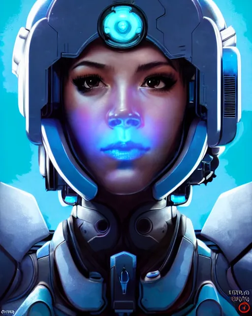 Image similar to echo from overwatch, blue hologram female face, character portrait, portrait, close up, concept art, intricate details, highly detailed, vintage sci - fi poster, retro future, in the style of chris foss, rodger dean, moebius, michael whelan, and gustave dore