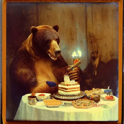 Image similar to polaroid photo of a bear eating cake at his 7 0's birthday at a zoo, highly detailed painting by gaston bussiere, craig mullins, j. c. leyendecker