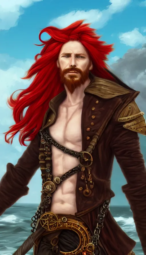 Image similar to portrait of a male pirate with flowing red hair!!!!!!, airship in the background!!!!!!, lean body!!, Steampunk!!!!!!!, D&D, fantasy, simple clothing!!!!, elegant, highly detailed, digital painting, artstation, concept art, sharp focus, illustration, art by Artgerm and Greg Rutkowski and Alphonse Mucha