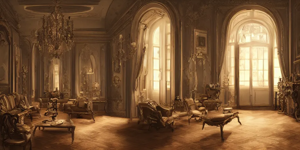 Prompt: baroque apartment interior, contrast, deep focus, turnaround, highly detailed, dramatic lighting, digital painting, artstation, concept art, matte, sharp focus, illustration.