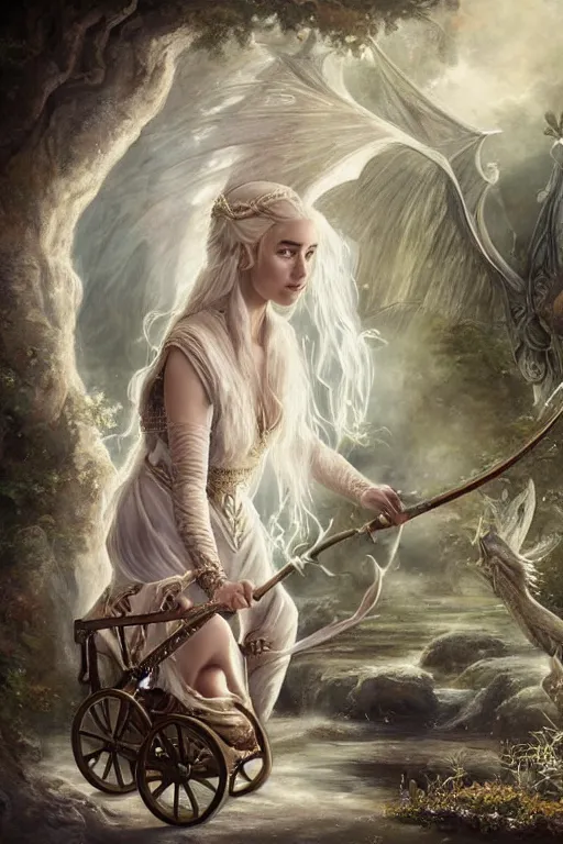 Image similar to A fantasy book style portrait painting of Daenerys Targaryen, as a Mystical Valkyrie, she is pushing a pram, there is a small dragon inside the pram, Atlantean Warrior, François Boucher, Oil Painting, unreal 5, DAZ, hyperrealistic, octane render, Regal, Refined, Detailed Digital Art, RPG portrait, William-Adolphe Bouguereau, Michael Cheval, Walt Disney (1937), Steampunk, Volumetric Golden dappled dynamic lighting, Highly Detailed, Cinematic Lighting, Unreal Engine, 8k, HD