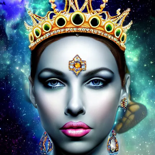 Image similar to a ultra realistic photo portrait of a sublime queen with an acurate , perfect ultra higly detailed and very very realistic wild face and ultra ultra ultra acuratr realistic wild eyes , and a crown of galaxy-colored diamonds, coming out from a colored nebula of a colored galaxy in the inner space wit hundred of stars
