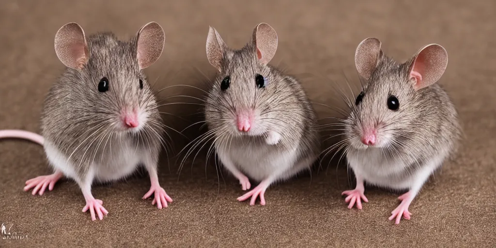 Prompt: a beautiful studio photo of exactly two!!! mice; 90mm; f/1.4; black and white