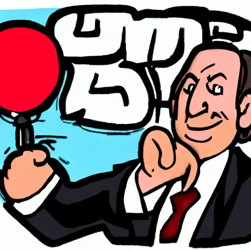 Prompt: saul goodman throwing dart at red ballon, cartoon drawing