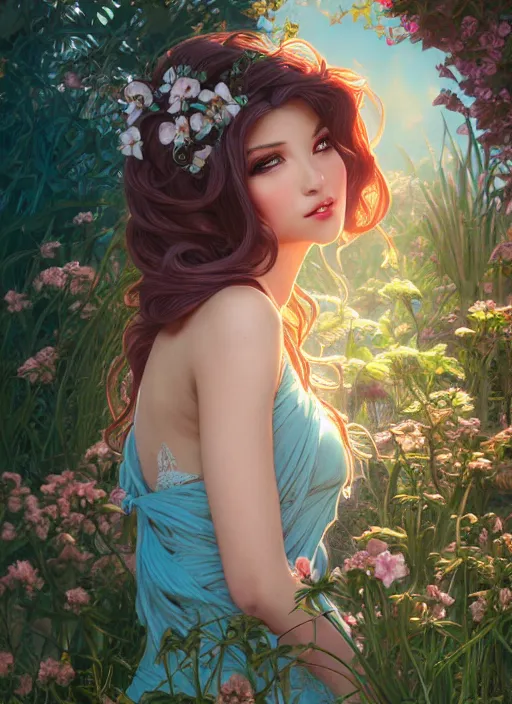 Image similar to beautiful girl with long turqoise hair in a garden, cute, intricate, highly detailed, digital painting, trending on artstation, concept art, smooth, sharp focus, backlit, rim light, vivid colors, illustration, unreal engine 5, 8 k, art by rossdraws and alphonse mucha