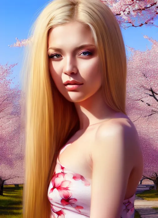 Image similar to photo of a gorgeous blonde female in the style of stefan kostic, realistic, half body shot, sharp focus, 8 k high definition, insanely detailed, intricate, elegant, art by stanley lau and artgerm, extreme blur cherry blossoms background