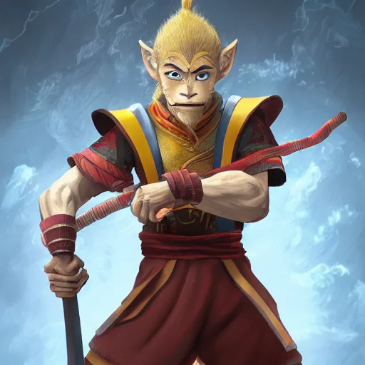 Prompt: portrait of Sun Wukong in the style of The Last Airbender, digital art, highly detailed, concept art, intricate, sharp focus, Trending on Artstation HQ, deviantart, unreal engine 5, 4K UHD image