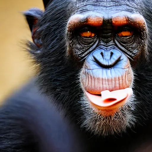 Image similar to a high detail closeup shot of a chimp wearing a suit, smoking a cigar