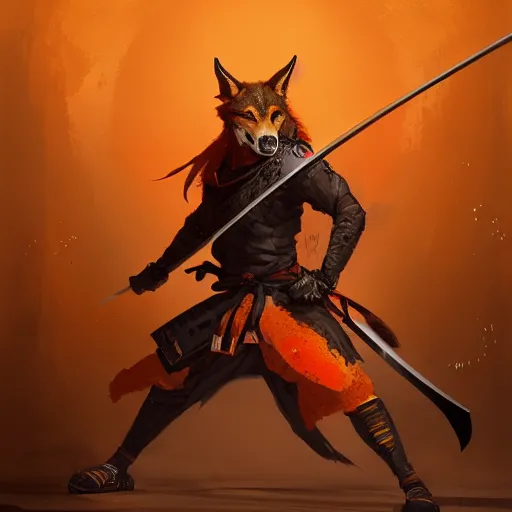 Image similar to commission portrait of a orange wolf dressed as a samurai holding a katana,dramatic,character design by charles bowater,greg rutkowski,ross tran,hyperdetailed,hyperrealistic,4k,deviantart,artstation,professional photography,concept art