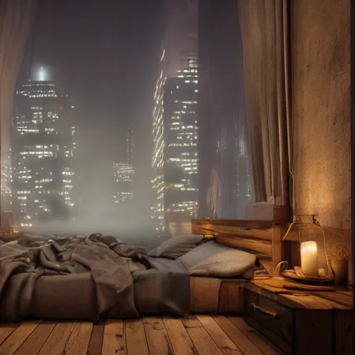 Image similar to cozy rustic bedroom with a night view of new york in heavy mist, highly detailed, artstation, concept art