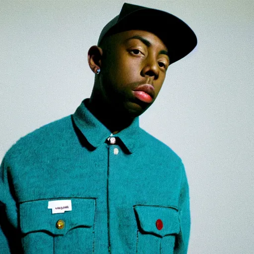 Prompt: Tyler the creator realistic photoshoot for a new dior lookbook, color film photography, portrait of a beautiful person, in style of simpson, 35mm