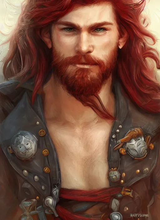 Prompt: portrait of a young ruggedly handsome but joyful pirate, male, masculine, full body, red hair, long hair, d & d, fantasy, intricate, elegant, highly detailed, digital painting, artstation, concept art, matte, sharp focus, illustration, art by artgerm