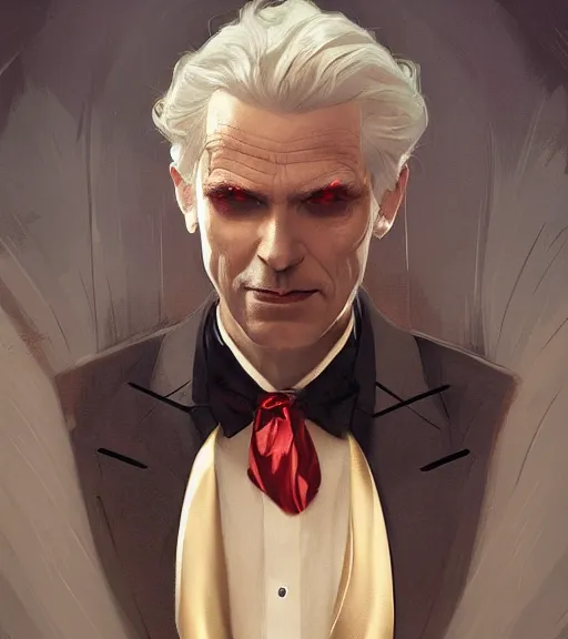 Image similar to a vampire wearing a golden dress, grey hair, red necktie, cinematic, stunning, highly detailed, digital painting, artstation, smooth, hard focus, full body shot, illustration, art by artgerm and greg rutkowski and alphonse mucha