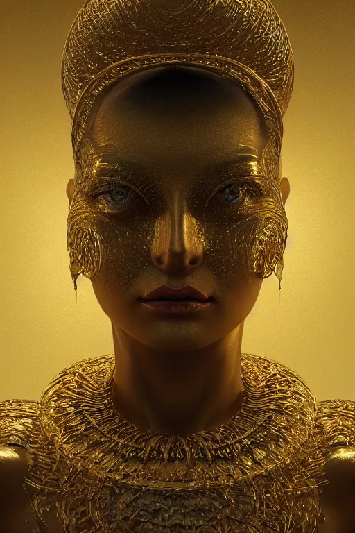 Prompt: Hyper realistic portrait of a goddess in a gold fluid simulation in the background, Cinematic lighting, ultra super good realistic 3D render by Gerald Brom and Zdzisław Beksiński, symmetry, insanely detailed, trending on artstation, 8k