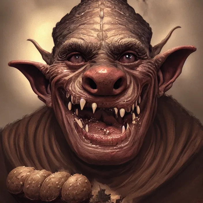 Image similar to profile face portrait of a medieval goblin eating cakes in the cloisters, beautiful face, hyper realistic, highly detailed, digital painting, artstation, illustration, concept art by hyung tae and frank frazetta, digital paint, matte paint, washed colors, dark, gloomy