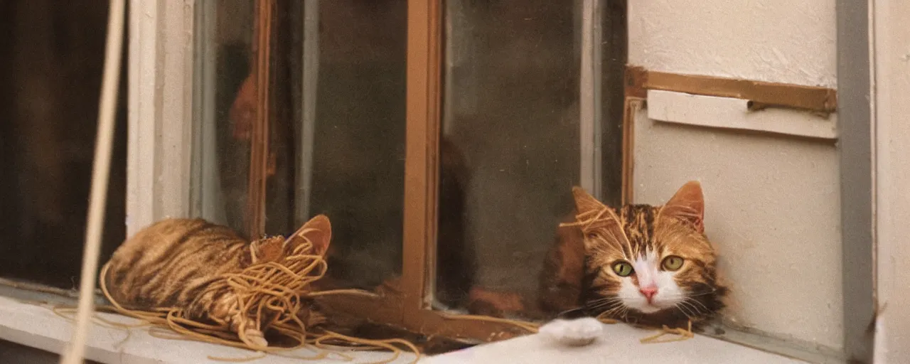 Prompt: only 1 cat playing with spaghetti on a windowsill, city apartment, small details, intricate, sharply focused, canon 5 0 mm, wes anderson film, kodachrome