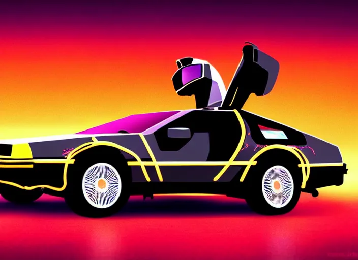 Image similar to back to the future, delorean, knight rider, daft punk, movie picture, synthwave style, tron legacy style