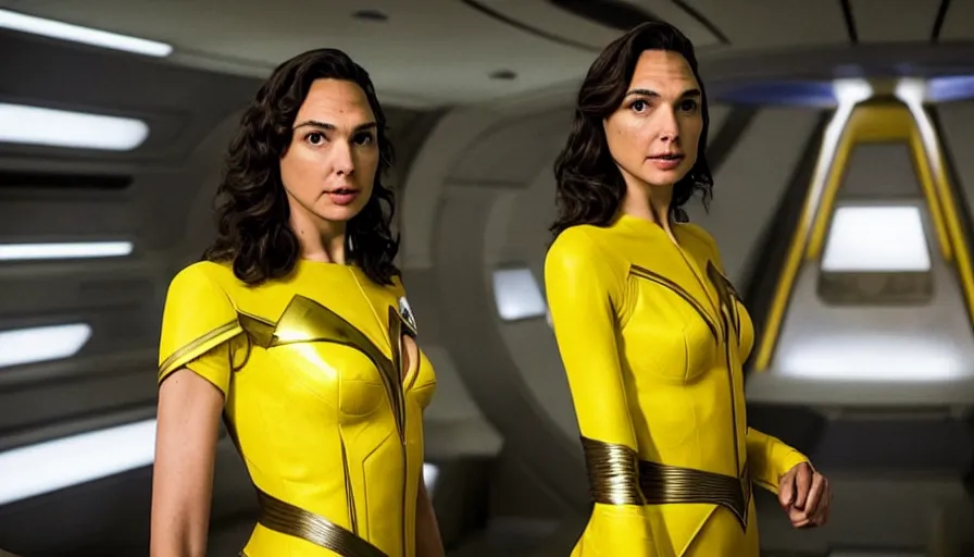 Image similar to Gal Gadot, wearing yellow, is the captain of the starship Enterprise in the new Star Trek movie