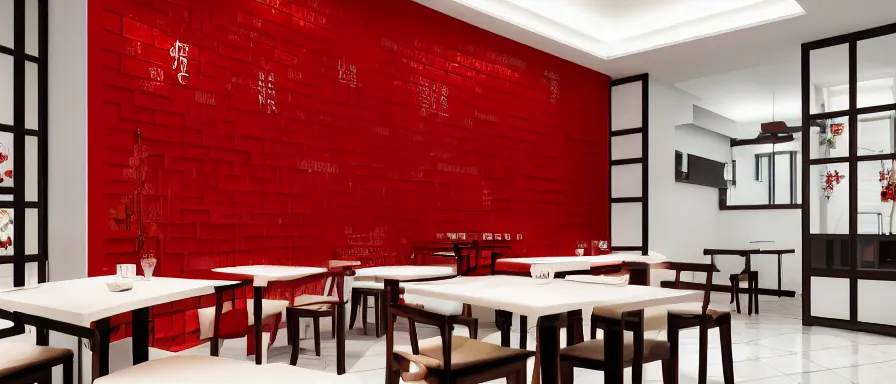 Image similar to a beautiful simple interior render of small roasted string hotpot restaurant restaurant yan'an, wall corner, from china, red paper wall and white tile floor, rectangle white porcelain table, fine simple delicate structure, chinese style, simple composition, simple style structure decoration design, victo ngai, 4 k hd