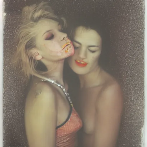 Image similar to a scratched, textured, severely chemically damaged, multilayered gum bichromate print of a blurry, dreamy faint close - up by david lachapelle of women kissing romantically.