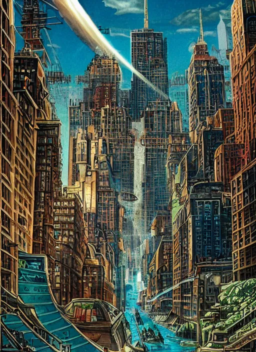 Image similar to apocalyptic new York colleding into utopia atlantis, movie poster