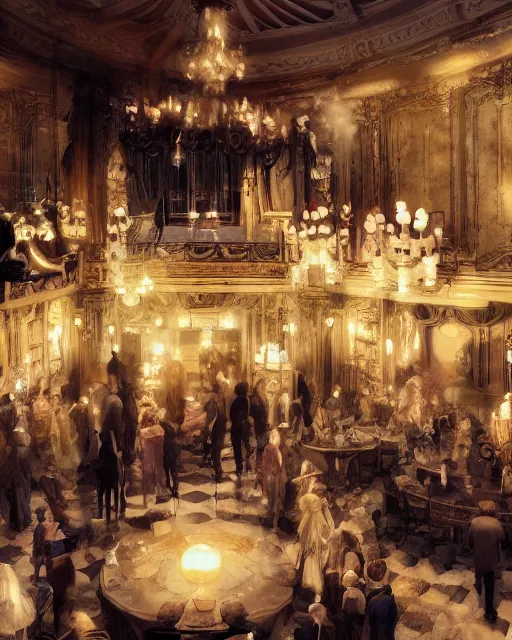 Image similar to craig mullins and ghibli digital painting of a 1 9 2 0 s grand party in a beautiful mansion, many partygoers, unreal engine, hyper realism, realistic shading, cinematic composition, realistic render, octane render, detailed textures, photorealistic, ultrawide shot, 3 5 mm film