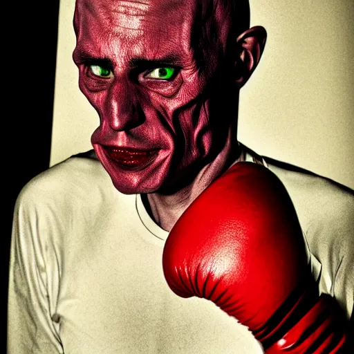 Prompt: portrait of nosferatu after boxing, brews blood, sweating, boxing gloves, 5 0 mm lens, realistic photography