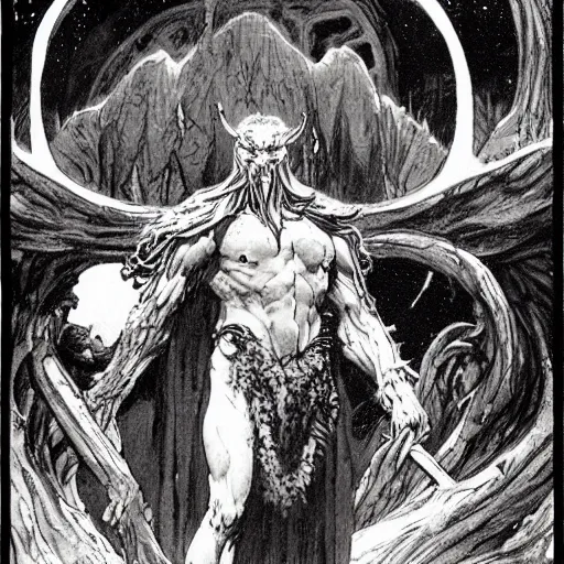 Image similar to A druid at the beginning of the world by Alan Lee, Mike Mignola and Frank Frazetta