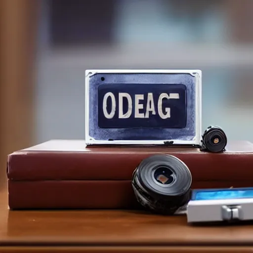 Prompt: a videotape lying on a desk inside a federal office, photo realistic