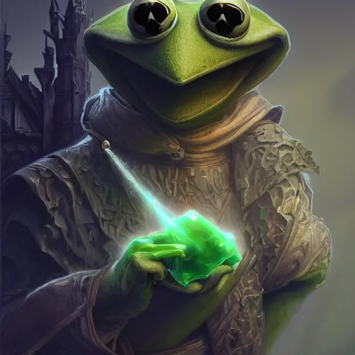 Prompt: kermit the frog as a wizard of death, d & d, fantasy, intricate, elegant, highly detailed, digital painting, artstation, concept art, matte, sharp focus, illustration, hearthstone, art by artgerm and greg rutkowski and alphonse mucha