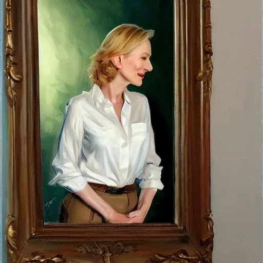 Prompt: painting of cate blanchett, fullbody, in low-cut blouse in front of a mirror, painting by Vladimir Volegov