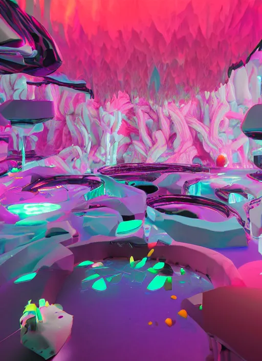 Prompt: : abstract glossy shapes immersive experience meowwolf dalle2 macro lens 3d render unity unrealengine octane