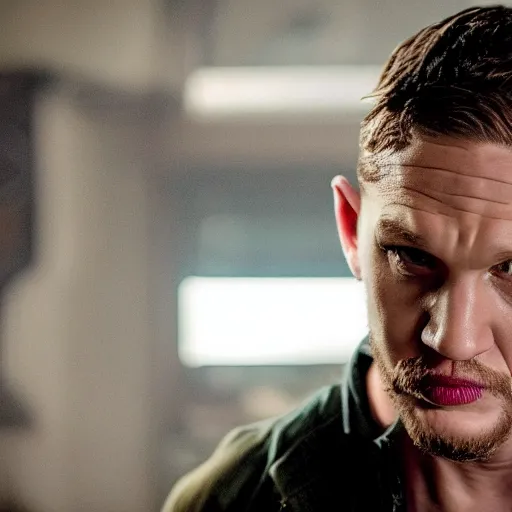 Image similar to film still of younger tom hardy as spiderman, 4k, photorealistic, hd, no mask