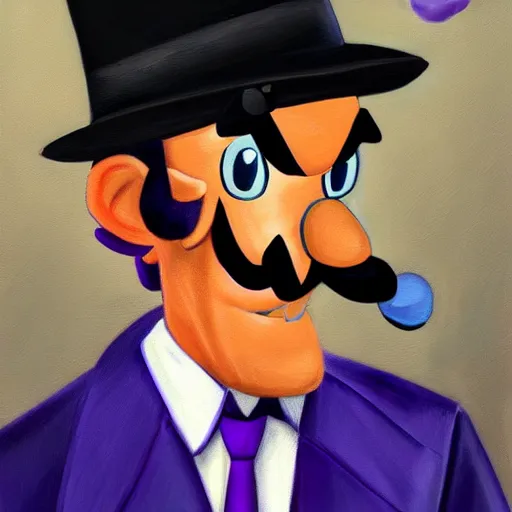 Prompt: waluigi as a mobster, highly detailed, oil painting,