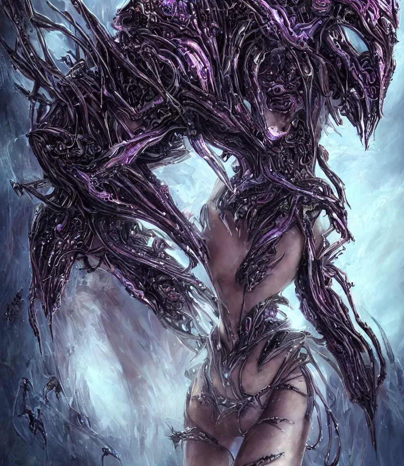 Image similar to close up portrait on the enchanting femenine queen of the zerg, hyper attractive, seductive, very complex, hyper-maximalist, overdetailed, legendary cinematic, darkfantasy, archetype with timeless beauty breathtaking eyes, her spider like legs spread evenly around her framing the image, collossal alien ship in the sky behind her, highly intricate, digital art, very elegant, HDR 8K, biblical art, realism, incomprehensible yet perspicious detail, unbeatable quality, silent hill aesthetic, photorealistic, lifelike, DSLR 8k, unbeatable coherency, Omnious intricate, octane render, created Nixeu & z--ed from deviantart