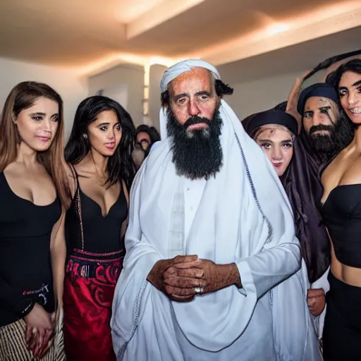 Prompt: 4 k portrait sony a 7 f 2. 8 of joe biden as a taliban leader with a beard surrounded by beautiful dancing instagram swimsuit model women praying to him with cocktail bar lighting