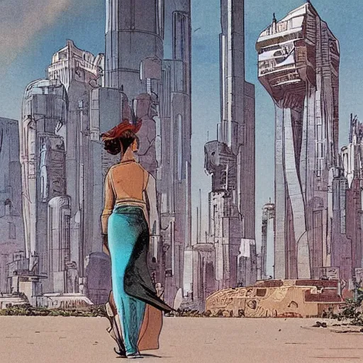 Prompt: a cyberpunk woman walks in the desert, in the distance you can see a futuristic city, art by moebius, highly detailed, sharp focus,